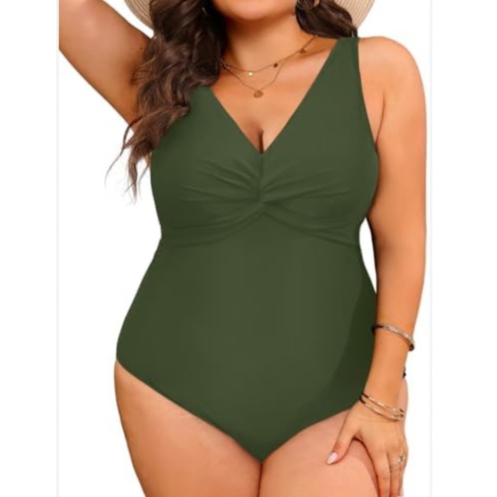 Aqua Eve Women 18W Olive Green One Piece Swimsuit Twist Front Plus Size NEW